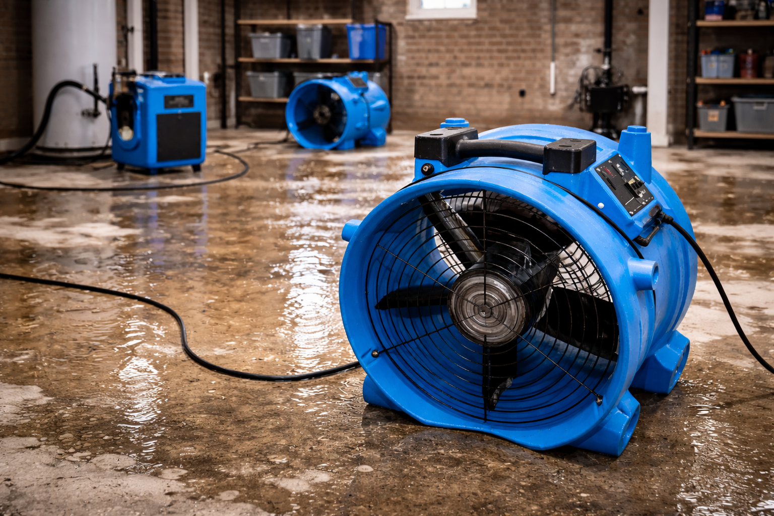 Industrial air movers drying a flooded basement