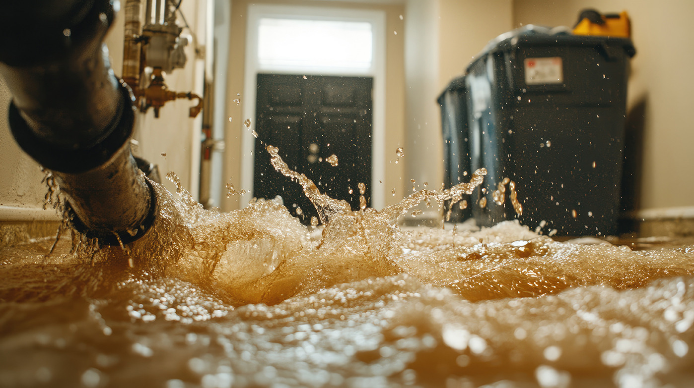 Flooded room with sewage water flowing from pipe